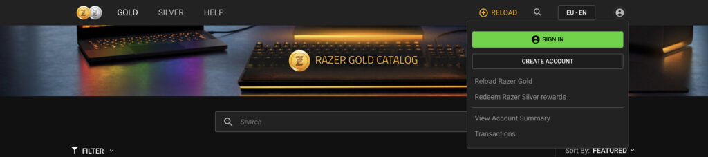 Se connecter ou créer un compte Razer Gold pour ajouter des crédit