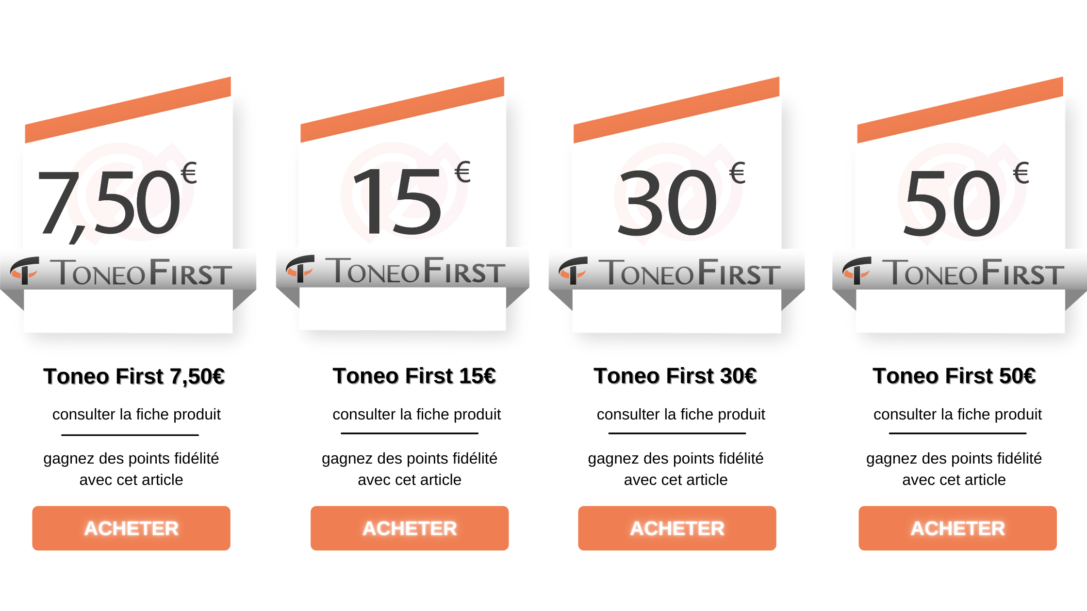 Les différentes recharges Tonéo First sur Gueez.com, allant de 7,50€ à 50€. Rechargez maintenant !
